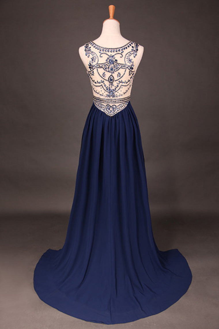 Stunning Prom Dresses Champagne Beaded Bodice And Back A-Line Scoop Sweep/Brush Chiffon