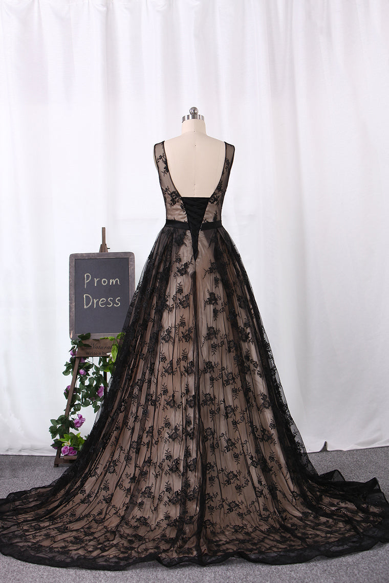 2024 Sweep Train Bateau Prom Dresses Lace A Line Lace Up