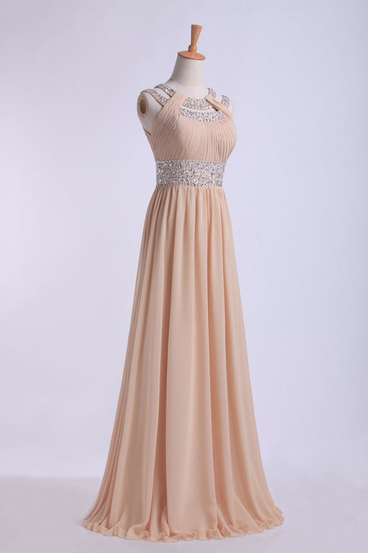 2024 Prom Dresses Scoop A Line Floor-Length Open Back Chiffon With Beading