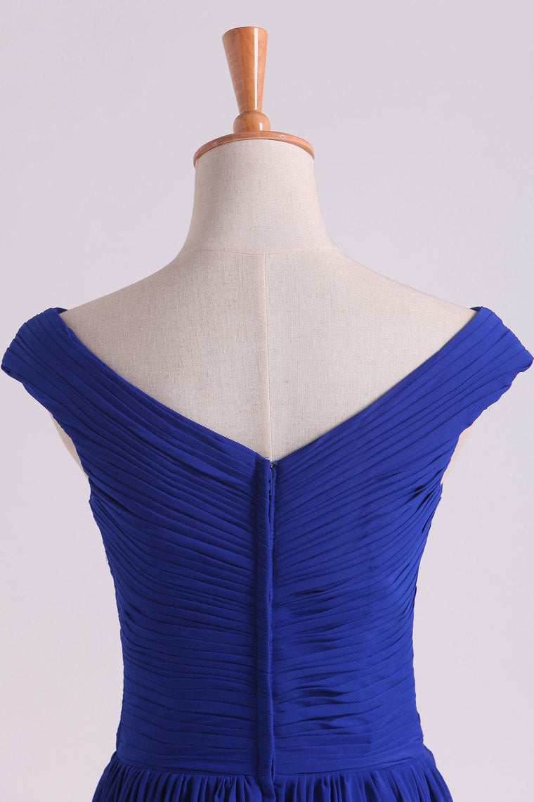 2024 Off The Shoulder Evening Dresses A Line Ruched Bodice Chiffon Floor Length Dark Royal Blue