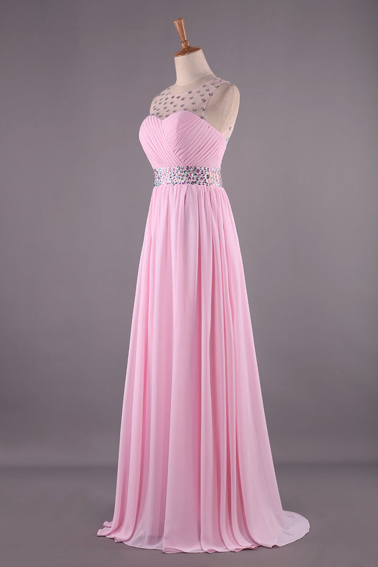 2024 Bateau Princess Sweep Train Prom Dresses Tulle And Chiffon Beaded