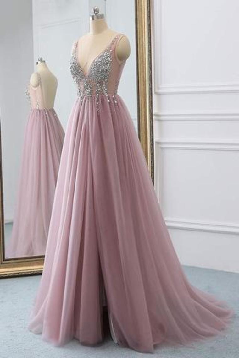 2024 Tulle Beading A-Line V-Neck  Prom Dresses WIth Sweep Train