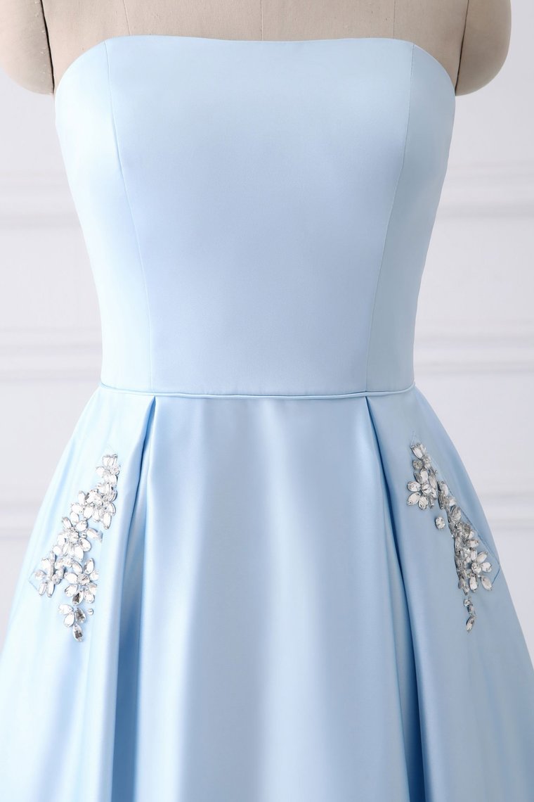 Charming Strapless Light Blue Lace Up Open Back Long Prom Dresses With Pockets