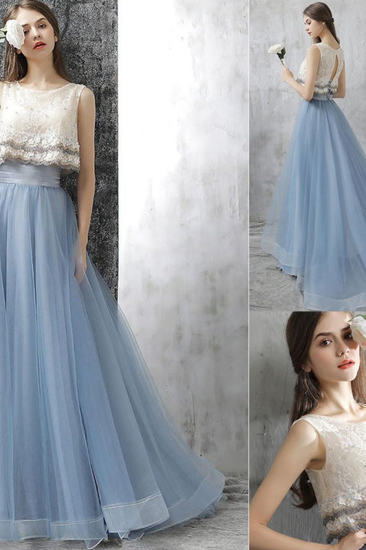 Elegant Long 2 Pieces Lace Sky Blue Prom Gowns Prom Dresses