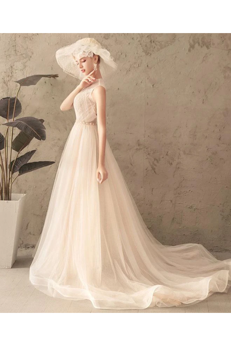 Ivory Jewel Sleeveless Tulle Wedding Dress With Lace, A Line Pleats Open Back Bridal Dress