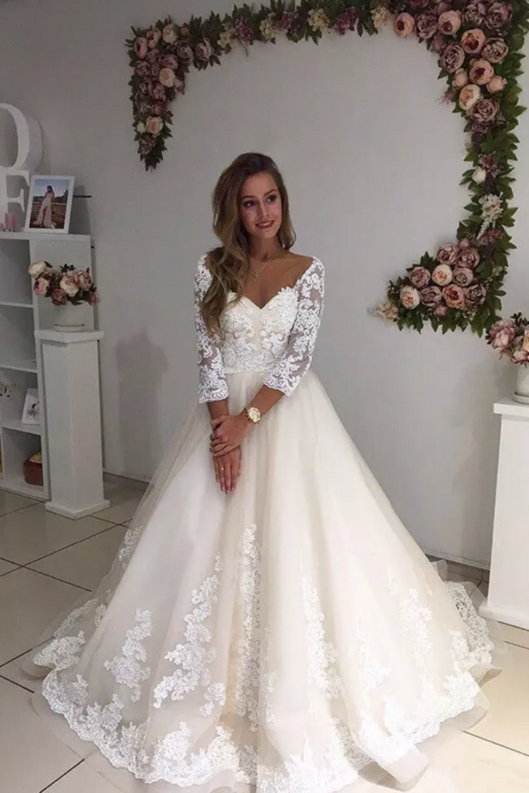 2024 Wedding Dresses A Line V Neck 3/4 Length Sleeves Tulle With Applique