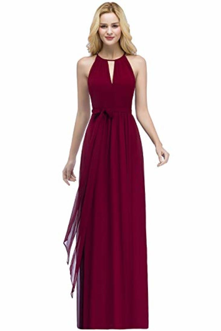 Bow Knot Chiffon Round Neck A Line Sleeveless Wedding Bridesmaid Long Evening  Festive Party Dress