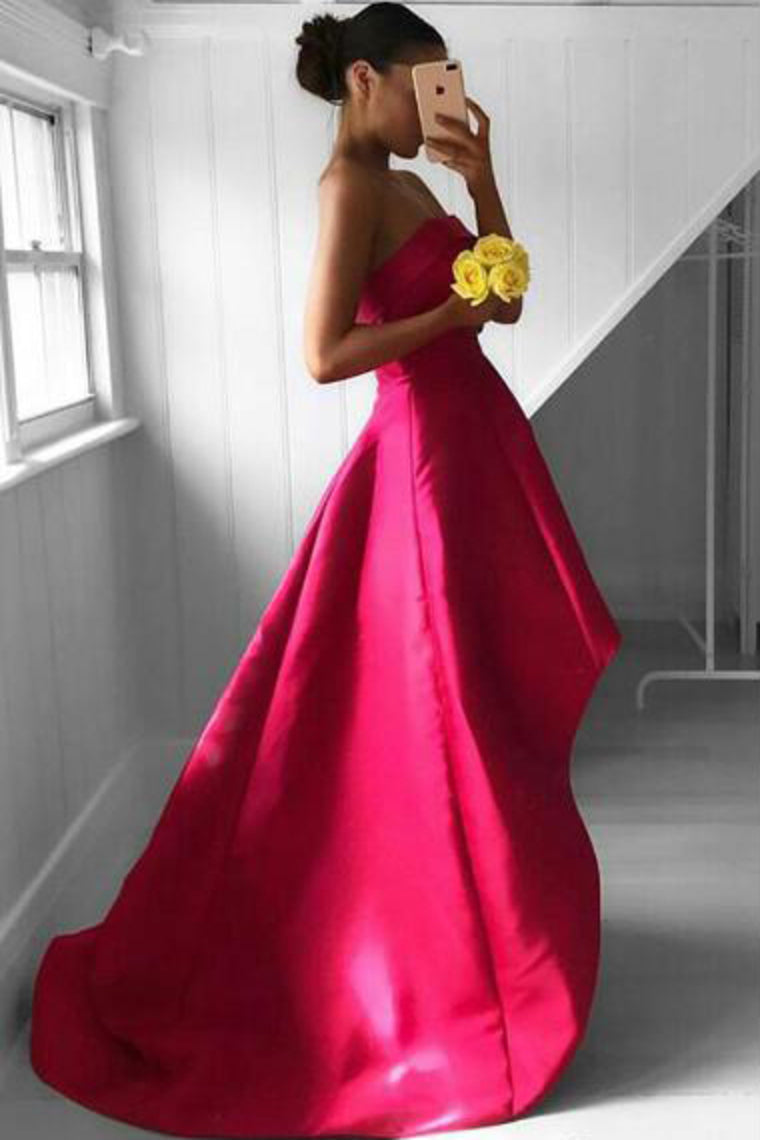 2024 A Line Strapless Prom Dresses Satin Asymmetrical Zipper Up