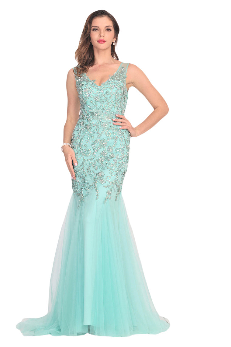 2024 New Arrival V Neck Tulle With Applique And Beads Mermaid Prom Dresses