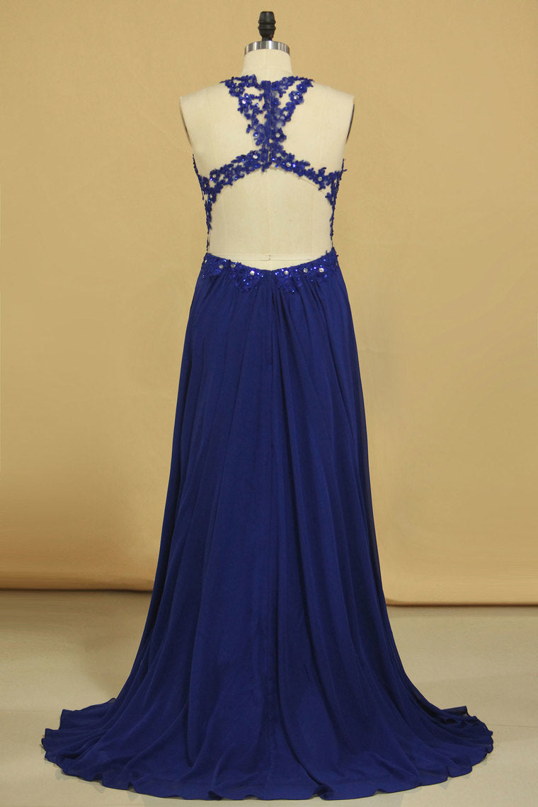 2024 Prom Dresses A Line Scoop Chiffon With Applique Floor Length