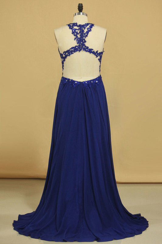 2024 Prom Dresses A Line Scoop Chiffon With Applique Floor Length