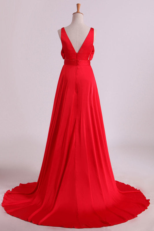 2024 A Line V Neck Deep V Back Prom Dresses Chiffon With Slit Court Train