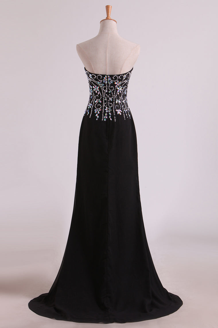 2024 Mermaid Beaded Bodice Chiffon With Slit Prom Dresses Sweep Train