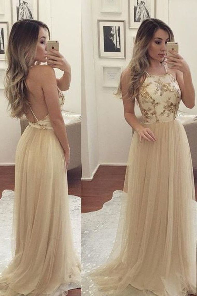 2024 Cheap Price Elegant A Line Prom Dresses Halter Open Back Tulle Sweep Train