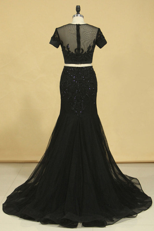 2024 Black Two Pieces Scoop Short Sleeves Mermaid Prom Dresses With Beading Tulle