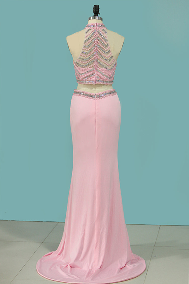 2024 Prom Dresses Mermaid High Neck Two-Piece Beaded Bodice Spandex