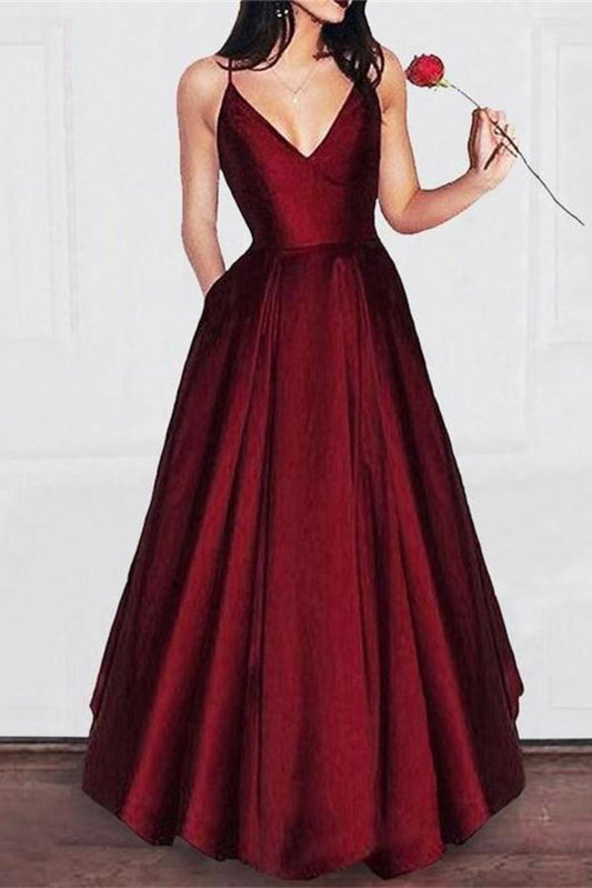 Spaghetti Straps V-Neck Long Burgundy Satin Prom Dresses With Pockets