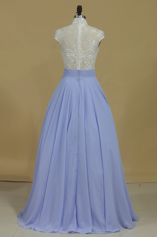 2024 High Neck A Line Prom Dresses Chiffon With Applique And Beading Floor Length