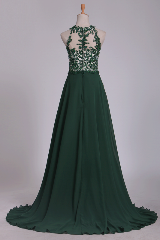 2024 Scoop Chiffon With Applique And Beads Prom Dresses A Line Sweep Train