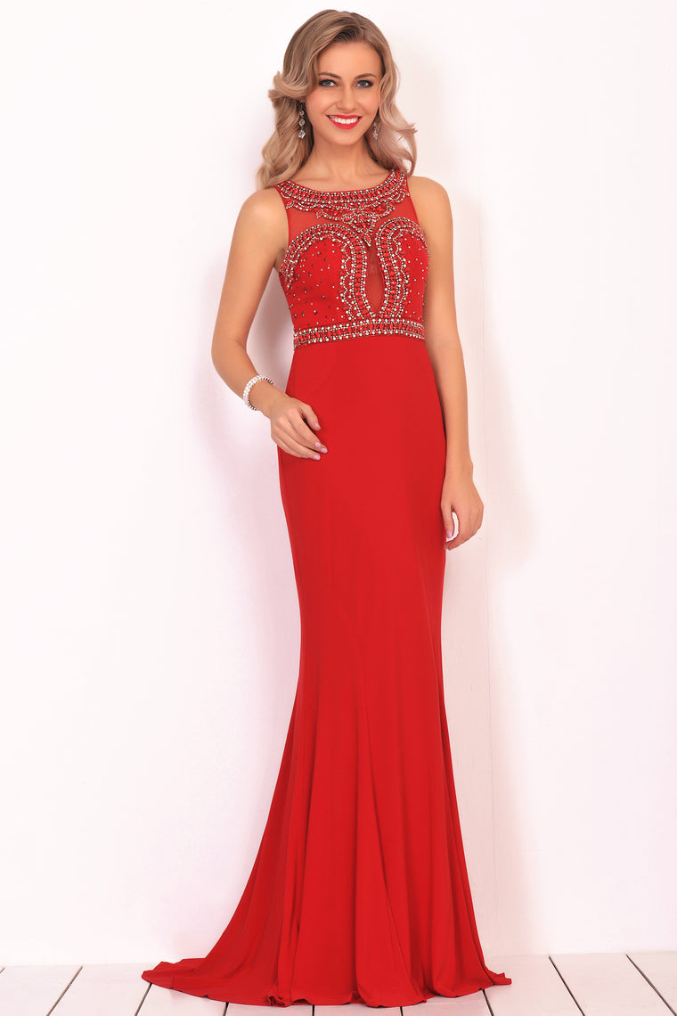 2024 Spandex Scoop Beaded Bodice Mermaid Sweep Train Prom Dresses