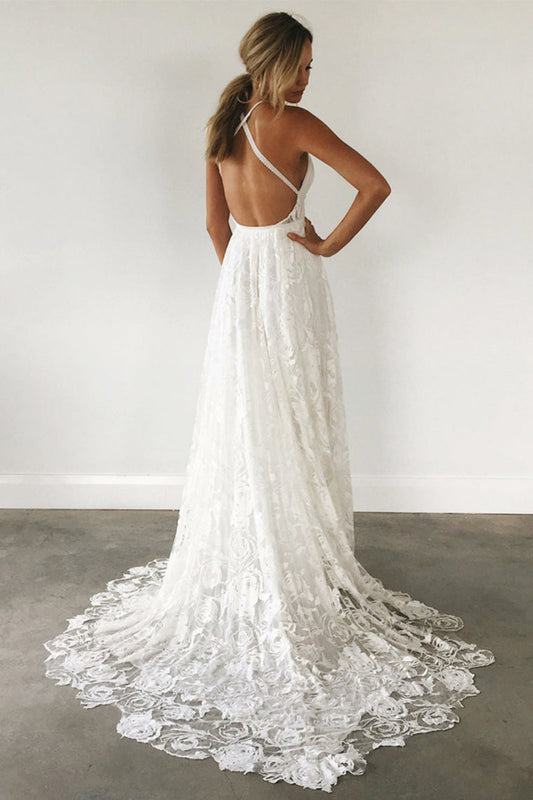 Spaghetti Straps Ivory Lace Open Back Long Wedding Dresses Elegant Beach Wedding Dresses