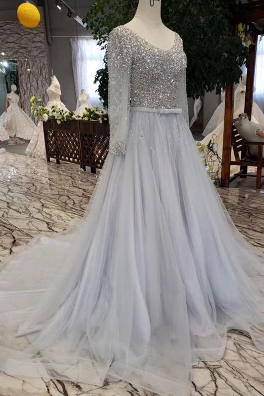 2024 Long Sleeves V Neck Prom Dresses Tulle A Line Sequins