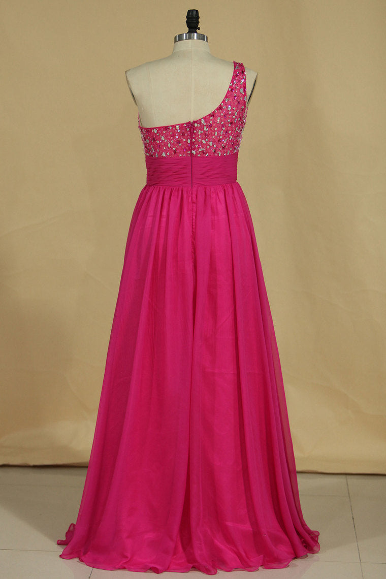 2024 Prom Dress One Shoulder Beaded Tulle Bodice Ruffled Waistline With Shirred Chiffon Skirt