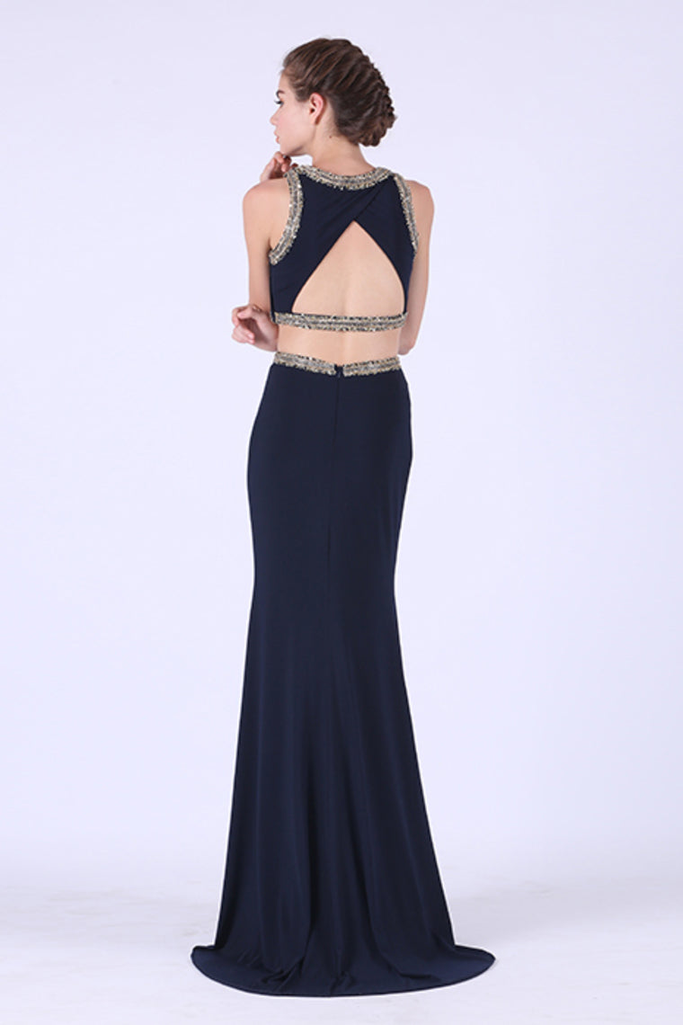 2024 Two-Piece Scoop Spandex With Beading Mermaid Prom Dresses