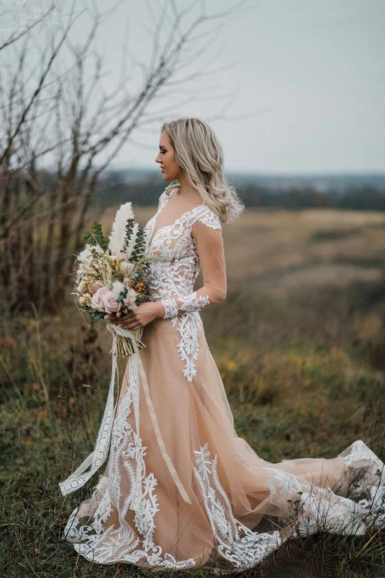 Long Sleeves Boho Wedding Dress With Appliques Mermaid Tulle