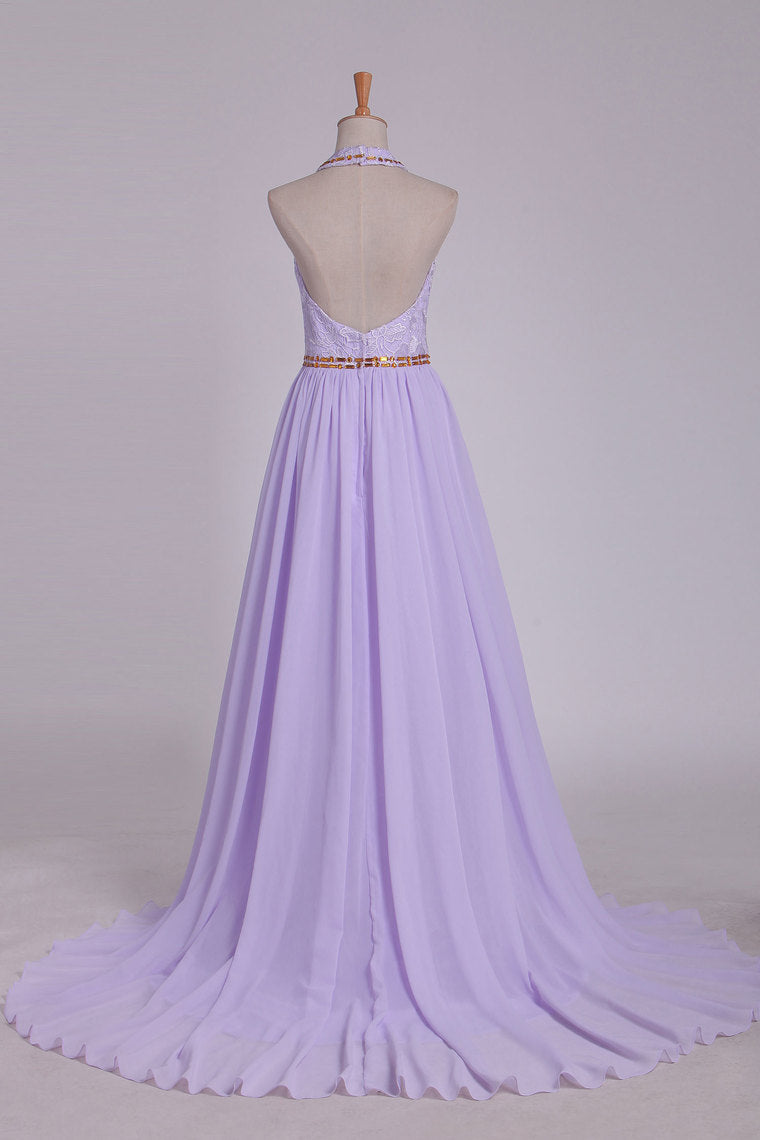 2024 Prom Dresses A Line Halter Chiffon & Lace With Beading Sweep Train Open Back