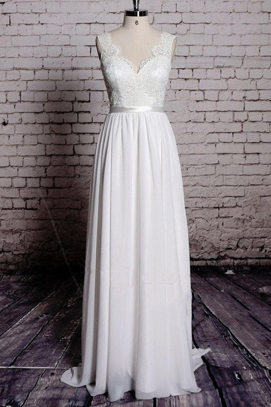 Chic A-line Lace Chiffon V-Neck Backless Sheath Long Wedding Dresses