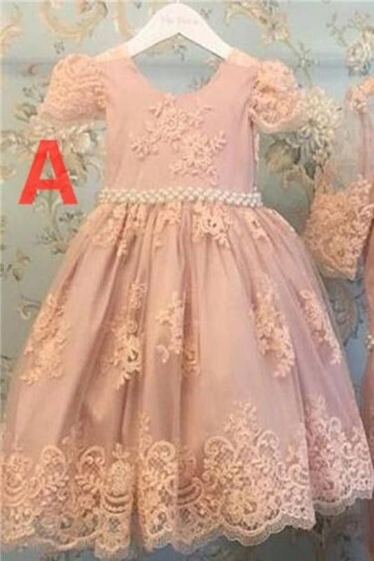 Cute Pink Lace Short Sleeves Beading Flower Girl Dresses,Baby Dresses