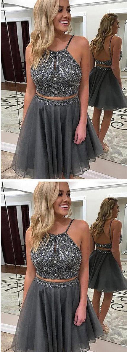 Chic Two Piece Backless A Line With Sequins Homecoming Dresses