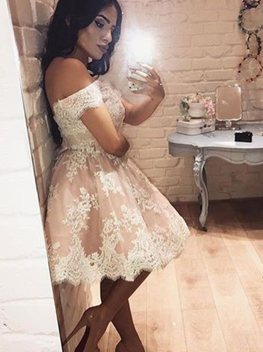 A-Line/Princess Sleeveless Off-The-Shoulder Lace Regina Homecoming Dresses Short/Mini Dresses