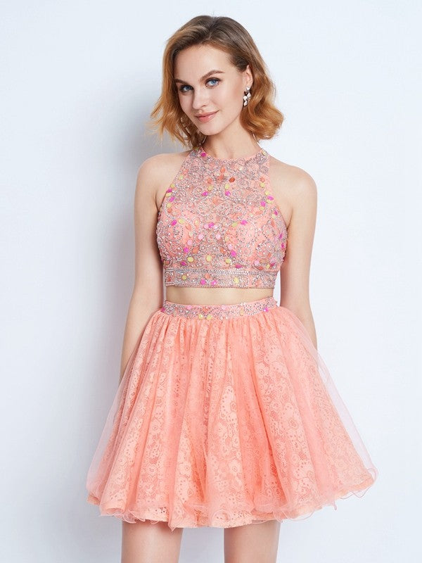 A-Line/Princess Adelyn Lace Homecoming Dresses Jewel Sleeveless Beading Short/Mini Two Piece Dresses