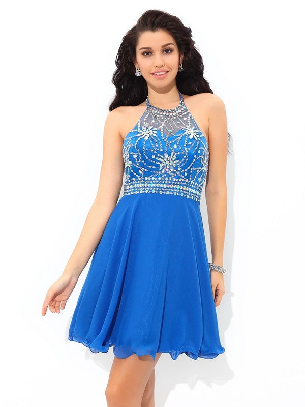 A-Line/Princess Cocktail Homecoming Dresses Chiffon Pam Halter Sleeveless Beading Short Dresses