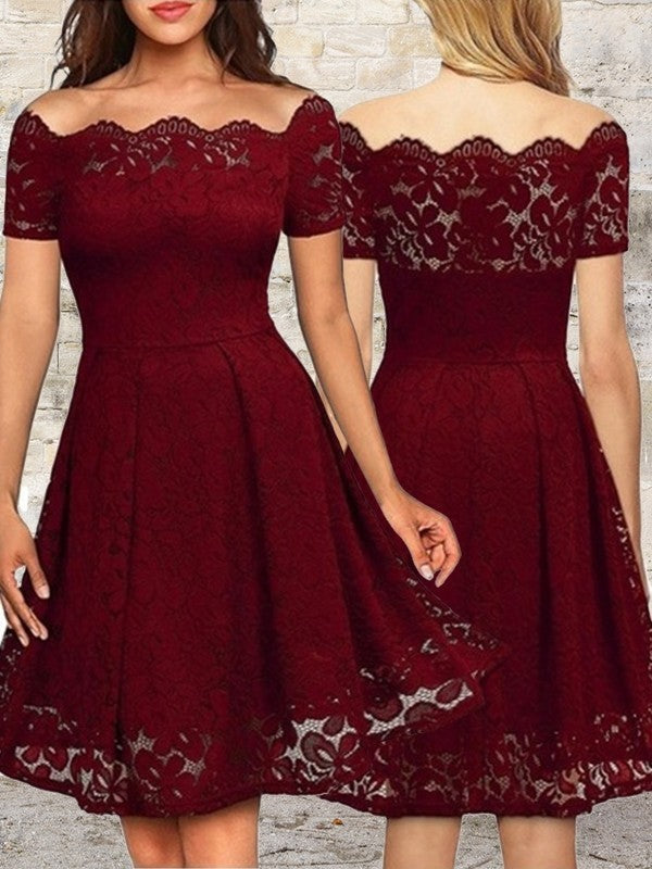 A-Line/Princess Ruffles Alisha Lace Homecoming Dresses Bateau Short Sleeves Short/Mini Dresses