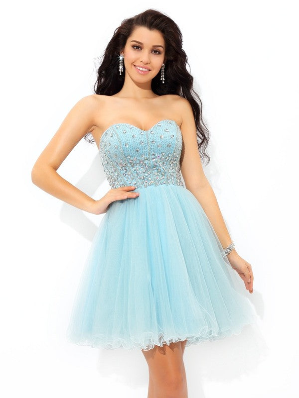 A-Line/Princess Sweetheart Beading Short Sleeveless Satin Homecoming Dresses Aryanna Cocktail Dresses