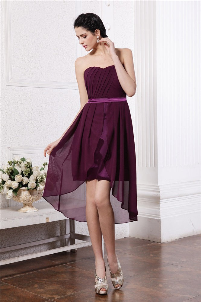 Sheath/Column Strapless Sleeveless Sash Pleats Chiffon Cocktail Homecoming Dresses Nola High Low Dresses