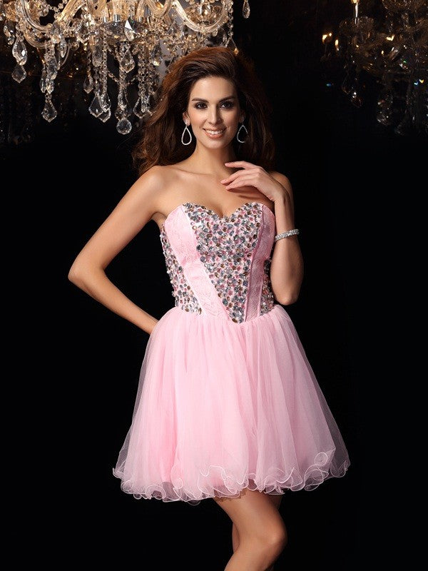 A-Line/Princess Sweetheart Ruffles Satin Homecoming Dresses Cocktail Kathy Sleeveless Short Elastic Woven Dresses