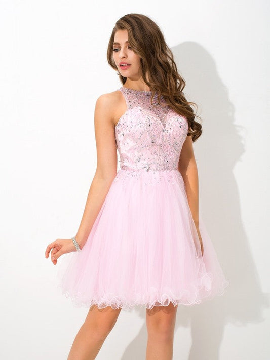 A-Line/Princess Sheer Neck Beading Sleeveless Short Net Kamari Cocktail Homecoming Dresses Dresses