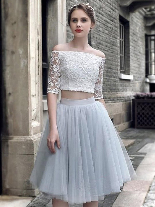 A-Line/Princess Tulle Ruched Off-The-Shoulder 1/2 Sleeves Knee-Length Two Piece Sanai Homecoming Dresses Dresses