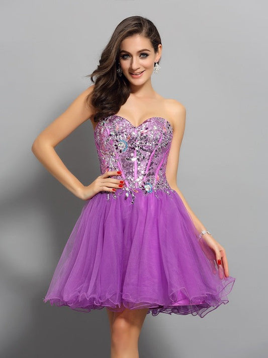 A-Line/Princess Sweetheart Beading Sleeveless Short Dresses Cocktail Satin Lana Homecoming Dresses