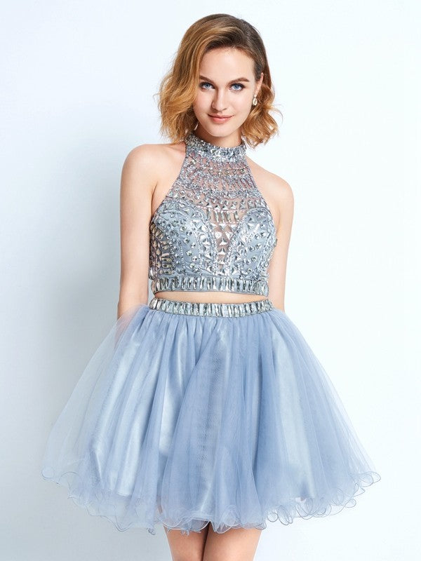 A-Line/Princess High Neck Sleeveless Beading Short/Mini Homecoming Dresses Elianna Net Two Piece Dresses