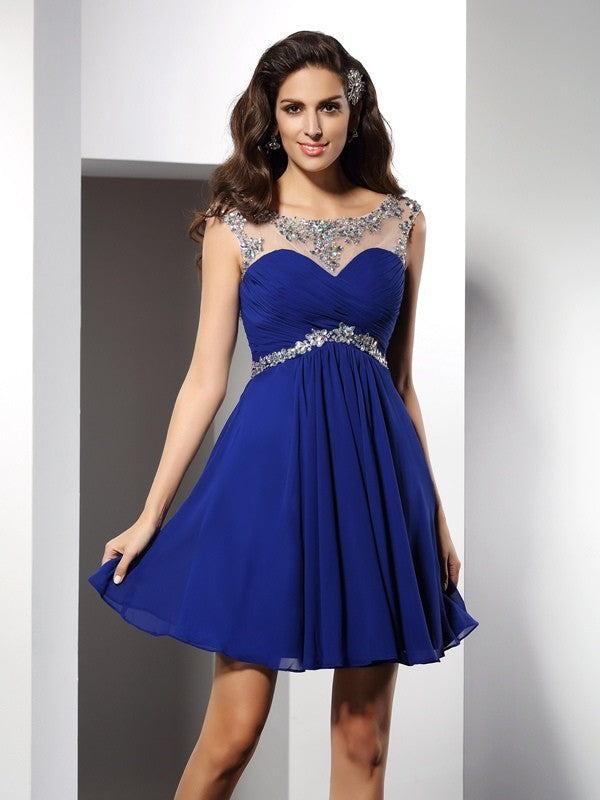 A-Line/Princess Scoop Beading Sleeveless Homecoming Dresses Chiffon Cocktail Saniya Short Dresses