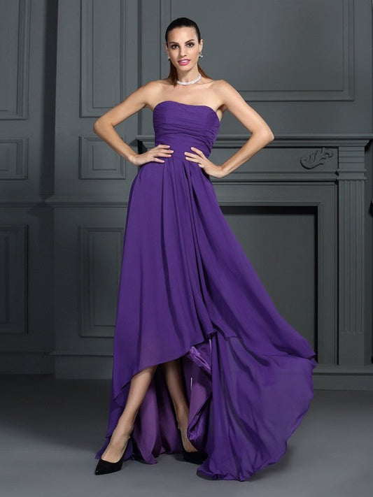 A-Line/Princess Strapless Pleats Cocktail Chiffon Makenzie Homecoming Dresses Sleeveless High Low Dresses