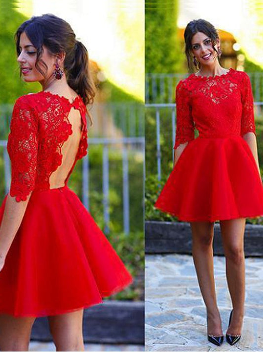 A-Line/Princess Scoop 1/2 Sleeves Short/Mini Homecoming Dresses Lace Caroline Dresses