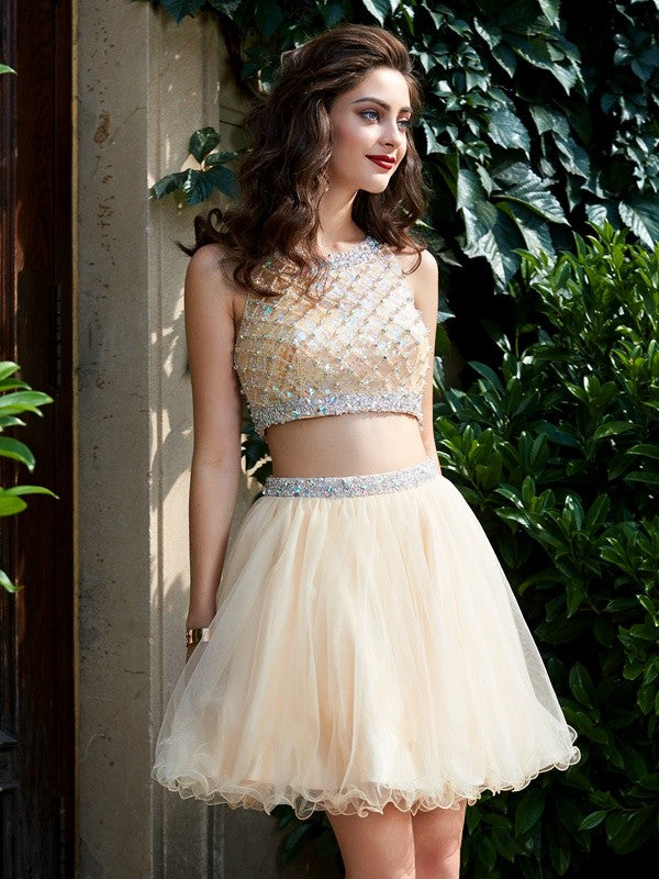 Homecoming Dresses Hanna A-Line/Princess Scoop Net Sleeveless Beading Short/Mini Two Piece