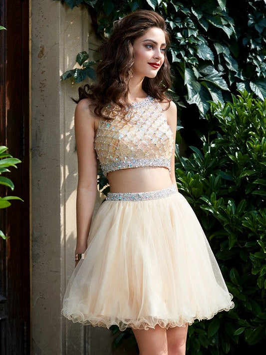 Homecoming Dresses Hanna A-Line/Princess Scoop Net Sleeveless Beading Short/Mini Two Piece