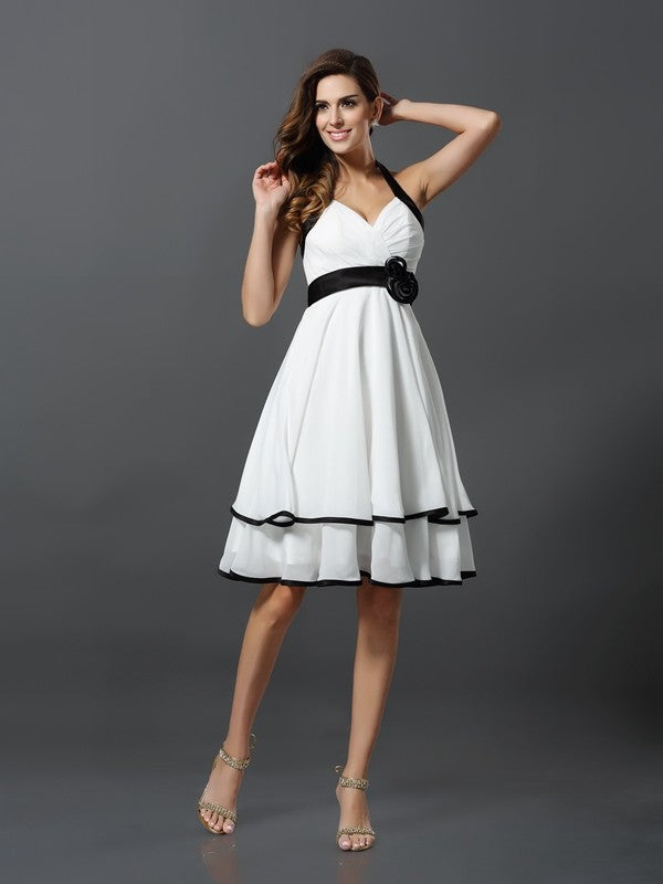 Cocktail Chiffon Homecoming Dresses Abagail A-Line/Princess Halter Hand-Made Flower Sleeveless Short Dresses